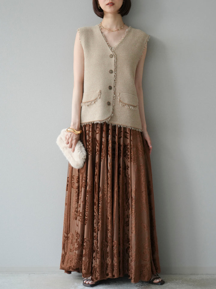 [予約]アンティーク柄フロッキーマキシスカート/ブラウン