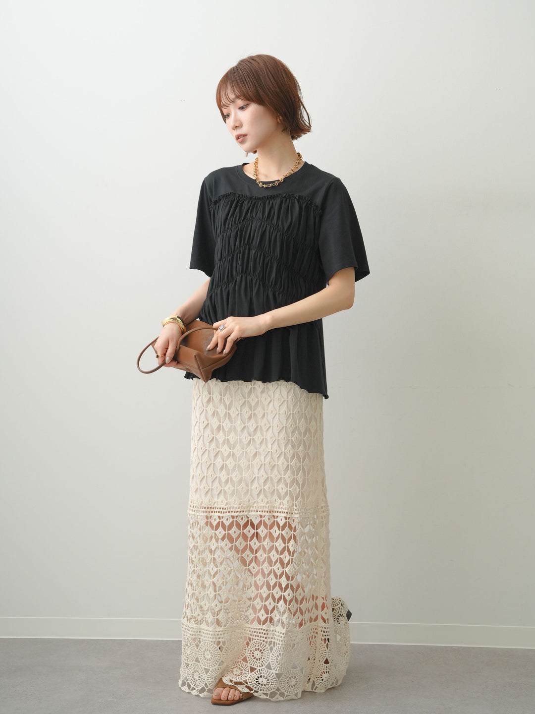 [SET]クールタッチシャーリングTEE+クロシェレースIラインスカート(2set)