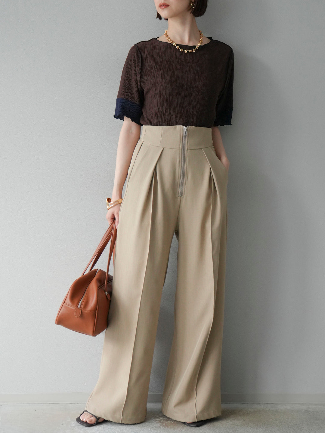 [SET] 百褶同色船領套頭衫 + 拉鍊褶襉寬褲 (2 套)