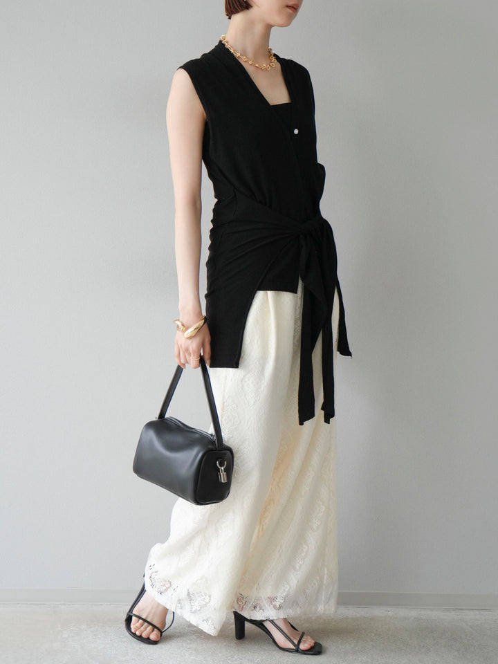 [SET]腰巻きデザインノースリーブニットカーディガン+レースタックイージーパンツ(2set)