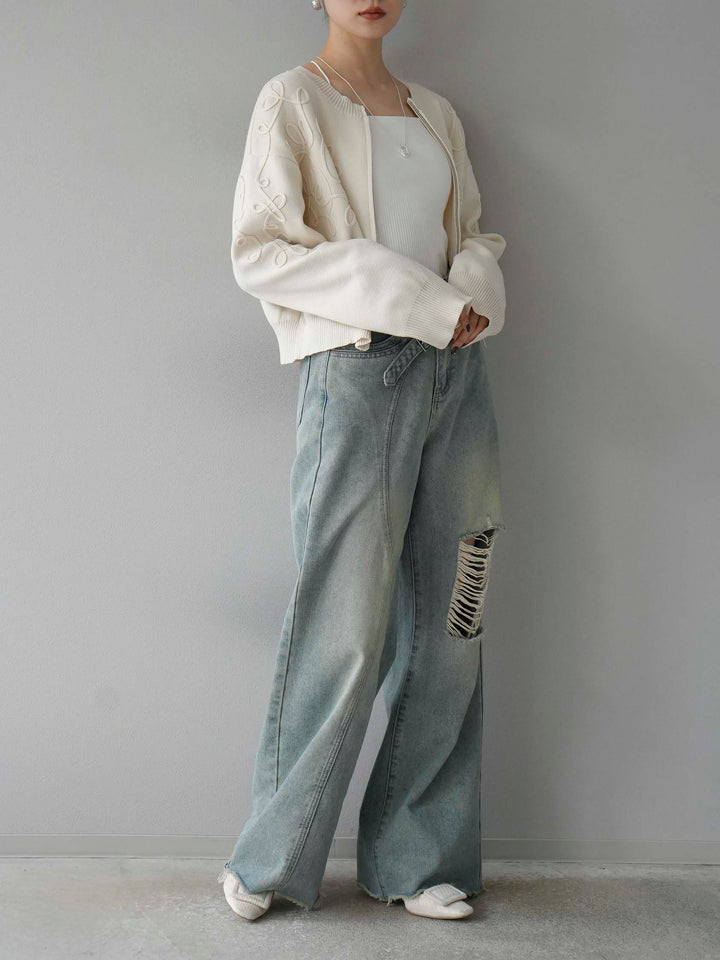 [SET]コード刺繍コットンニットジップカーディガン+ダブルストラップカットリブブラキャミソール+ベルトアシンメトリーダメージデニム(3set)