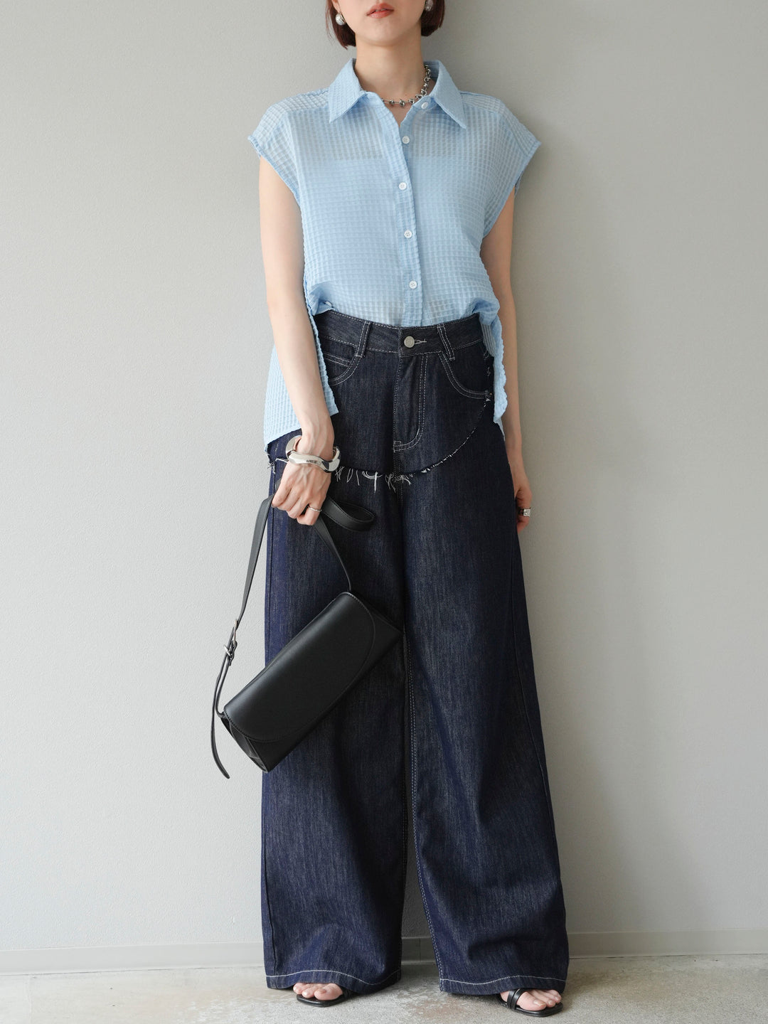 [予約]シアーチェックノースリーブシャツ/ライトブルー