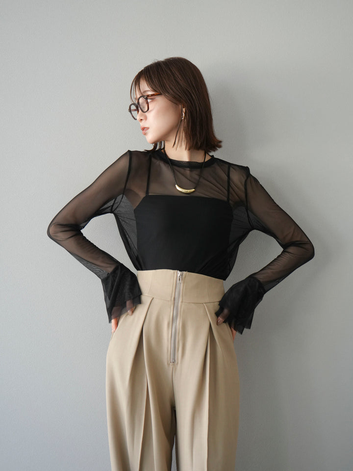 [予約]フレアロングスリーブパワーメッシュトップス/ブラック