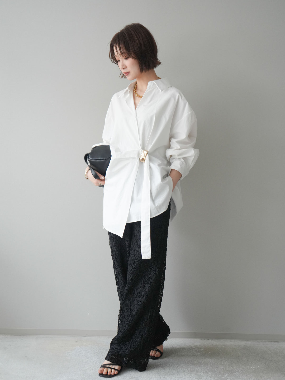 [SET]メタルパーツドレープシャツ+シアーコードレースイージーパンツ(2set)