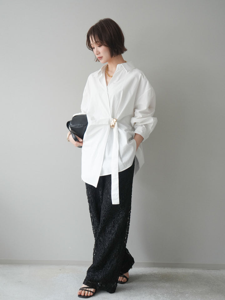 [SET]メタルパーツドレープシャツ+シアーコードレースイージーパンツ(2set)