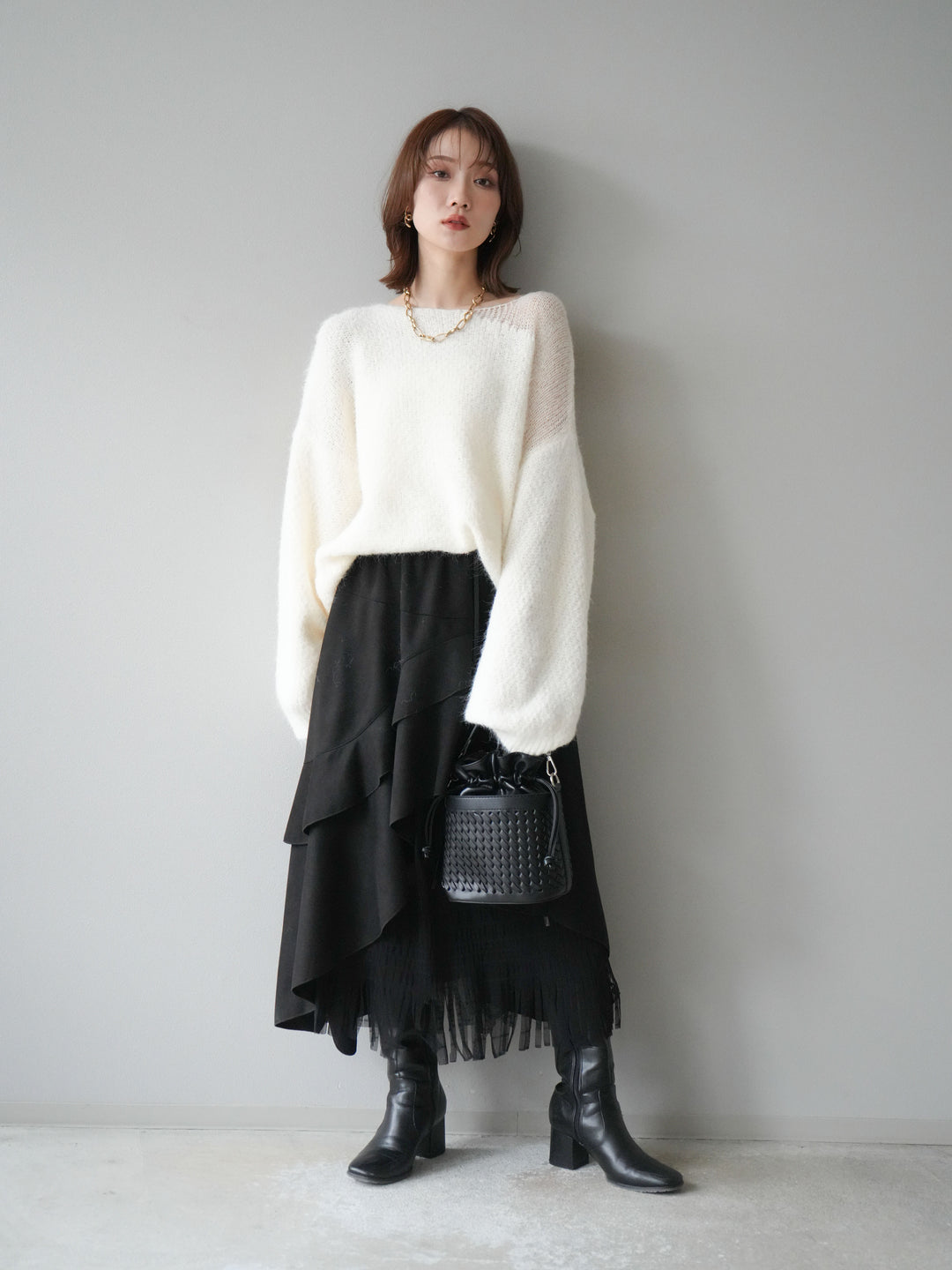 [予約]ネック透かし編みニットプルオーバー/ホワイト