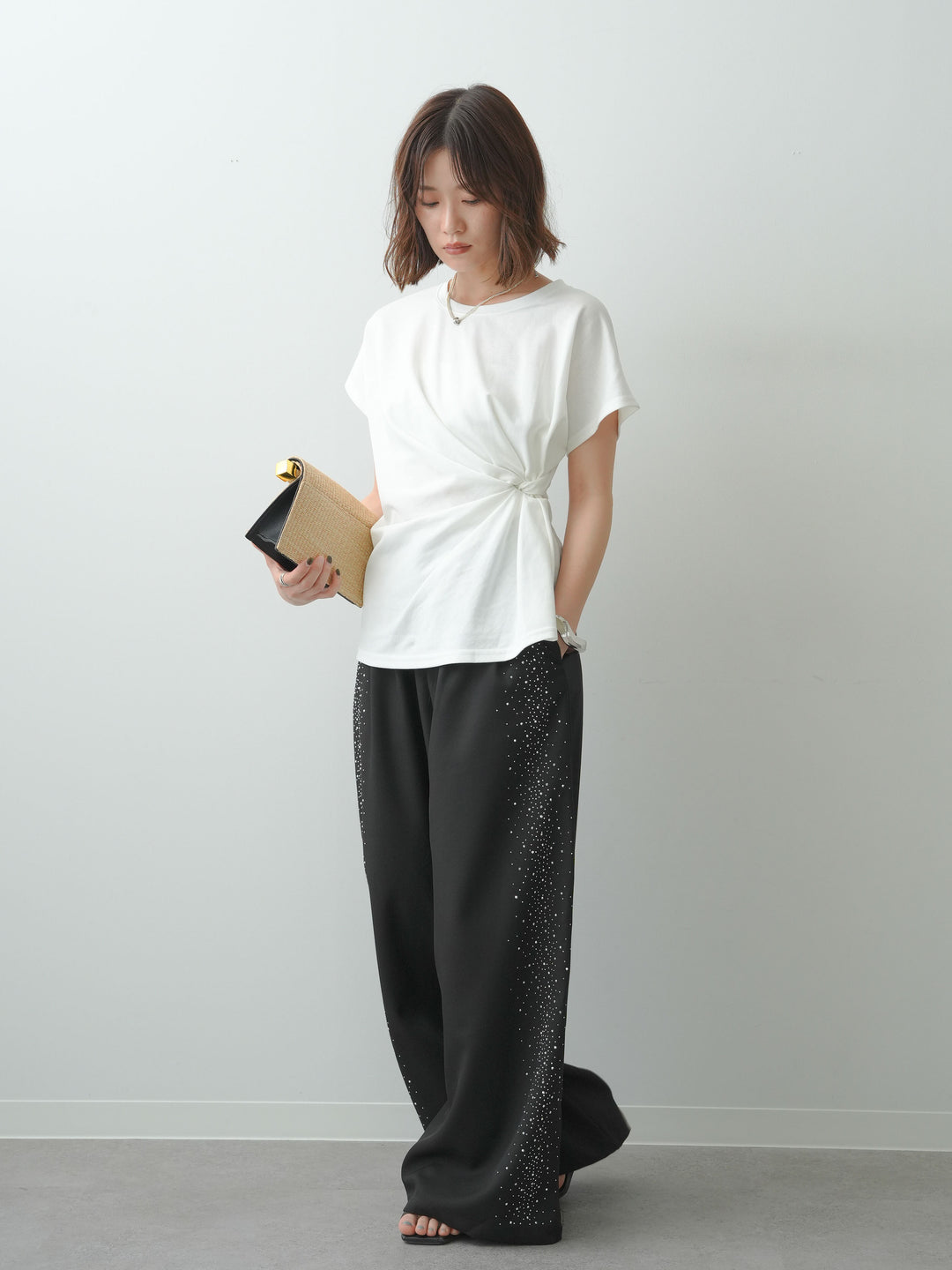 [SET]サイドノットTEE+ポーチベルト付サイドビジュータックワイドパンツ(2set)