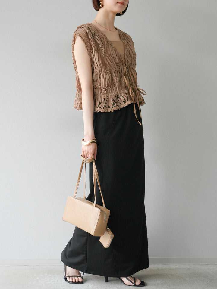 [SET]ジャガードレースリボントップス+スウェットロングスカート(2set)