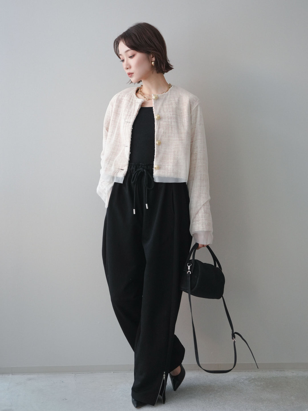 [SET]チュールレイヤードツイードクロップドジャケット+裾ZIPスエットワイドパンツ(2set)
