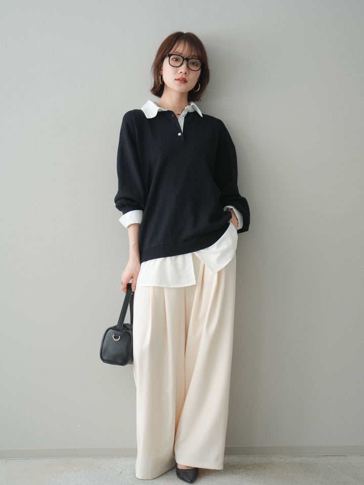 [予約]ウエストバイカラータックワイドパンツ/ivory