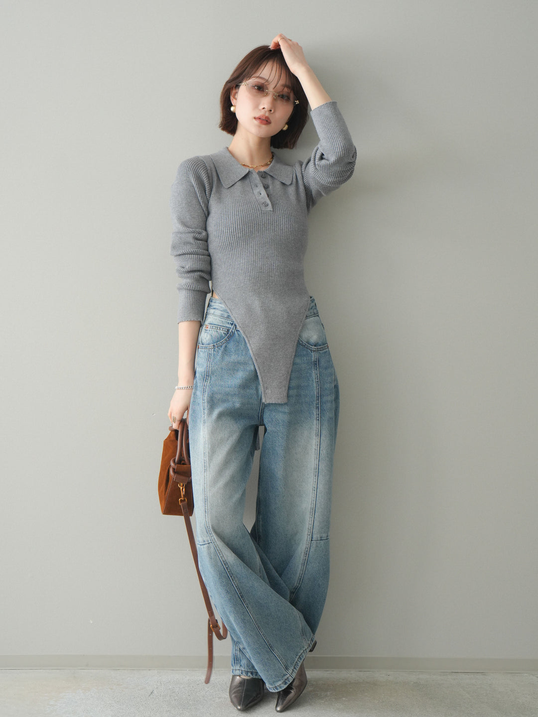 [予約]リブポロニットボディスーツ/mokugray