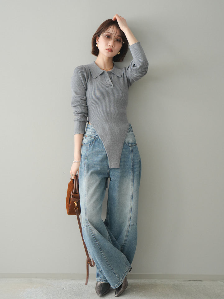 [予約]リブポロニットボディスーツ/mokugray