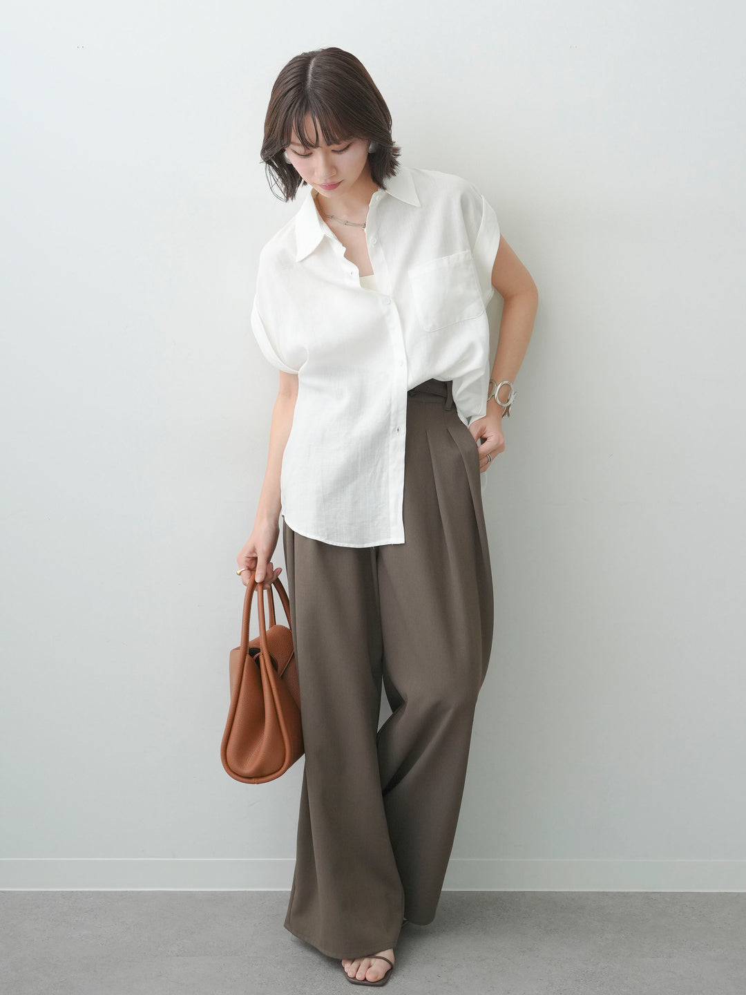 [SET]バックレースフレンチシャツ+クレープデシンタックワイドパンツ(2set)