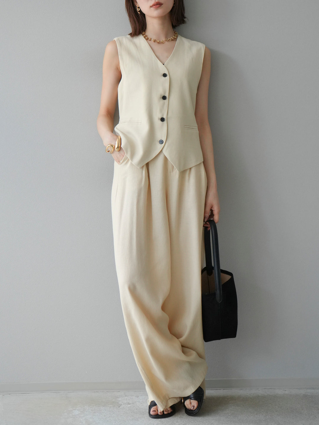 [SET]Vネックジレ＆ワイドパンツSET UP(2set)