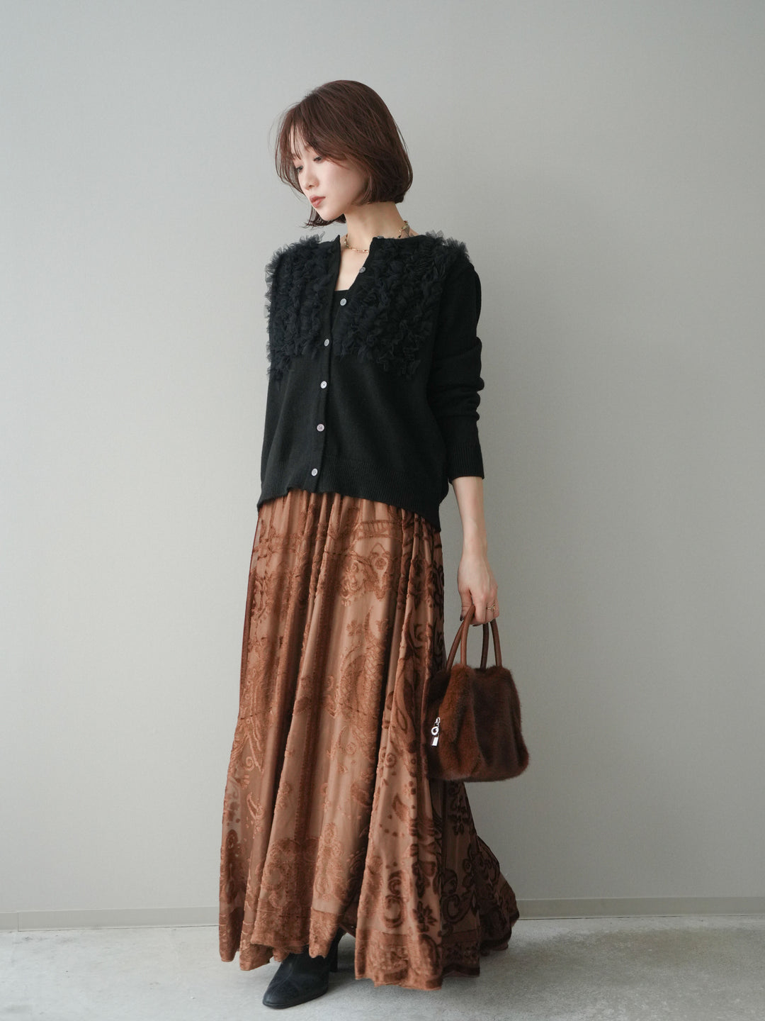 [SET]チュールフリルニットカーディガン+アンティーク柄フロッキーマキシスカート(2set)