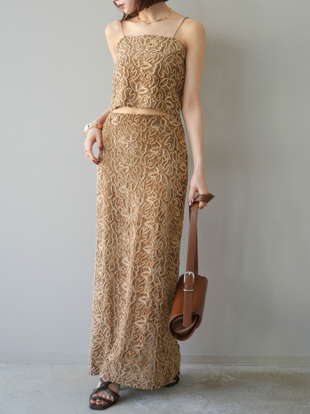 [予約]パイピングフラワーシアーベロアスカート/ベージュ