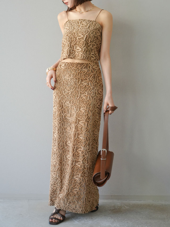 [予約]パイピングフラワーシアーベロアスカート/ベージュ