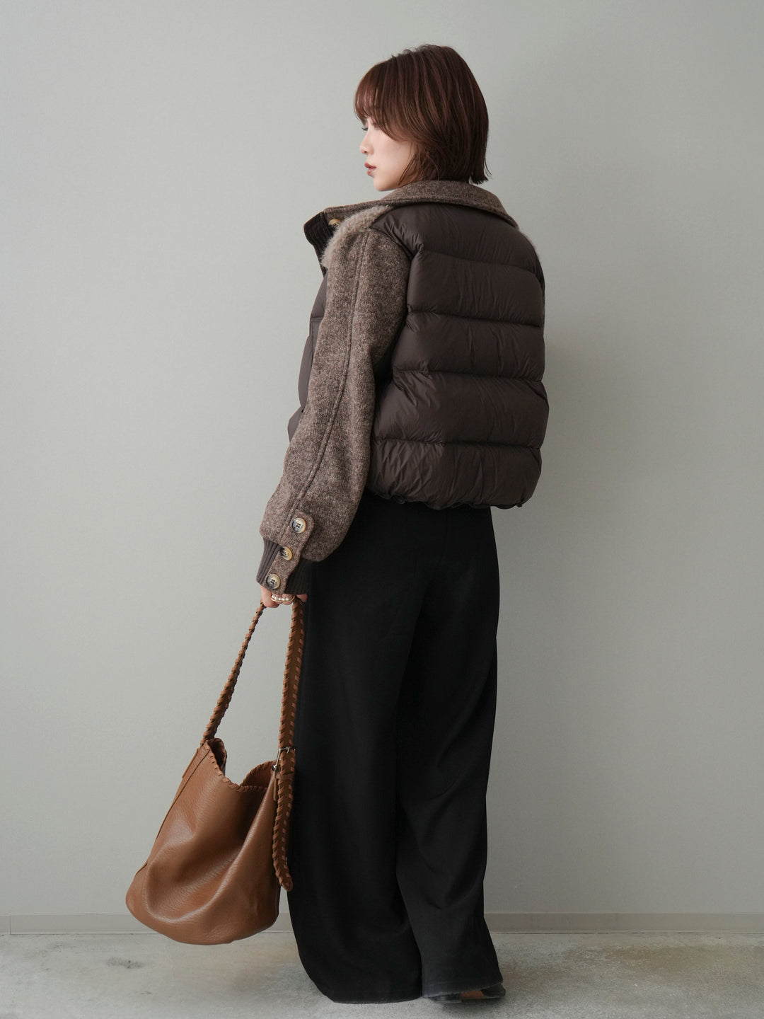 [SET]異素材ダウンジャケット+ベルトループデザインワイドパンツ(2set)