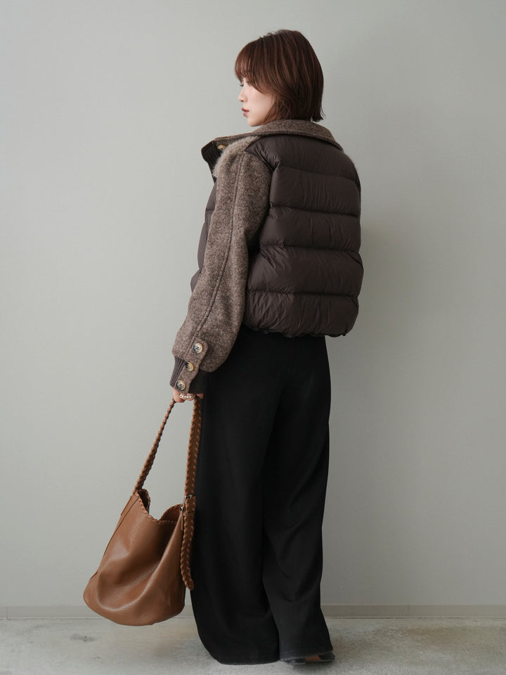 [SET]異素材ダウンジャケット+ベルトループデザインワイドパンツ(2set)