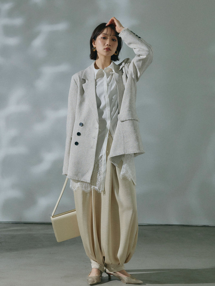 【Allure】[SET]スラブツイードフリンジテーラージャケット+ワッシャーサテンタックジョガーパンツ(2set)