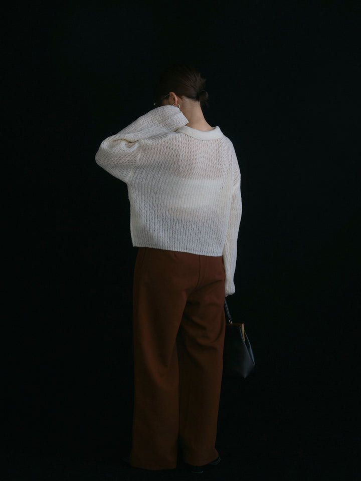 【Allure】[SET]起毛片畦編みシアーポロニット+ラップデザインタックワイドパンツ(2set)