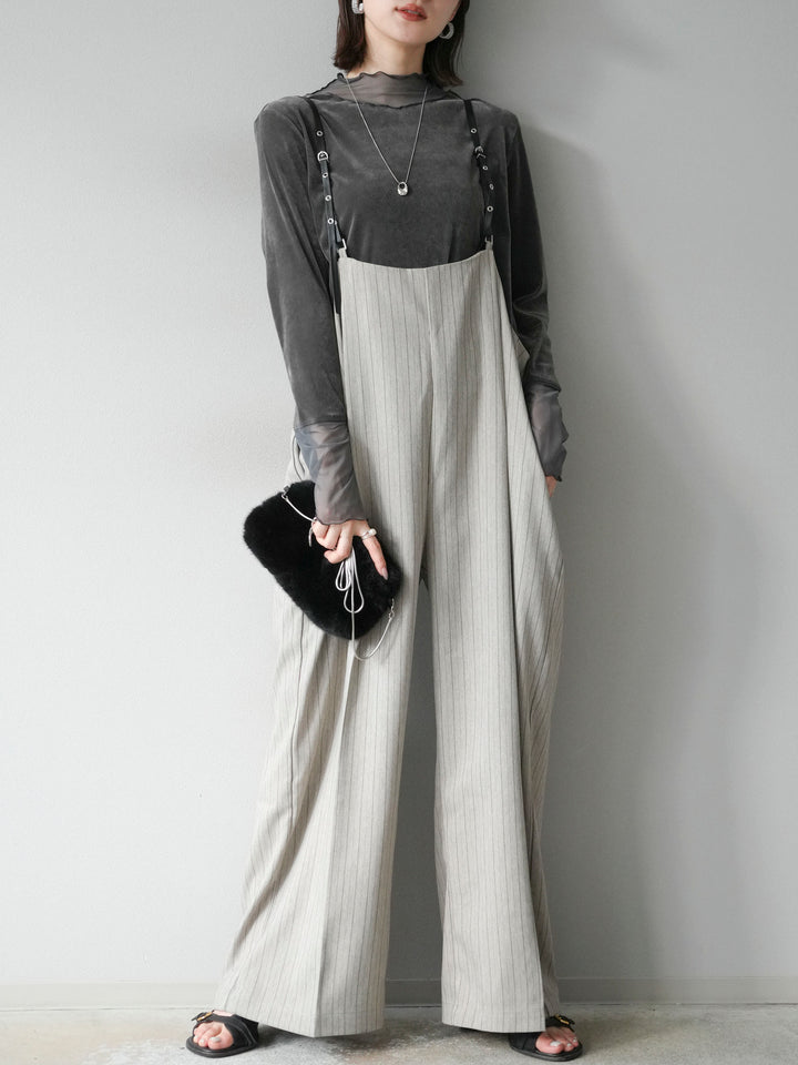 【着回しセット】[SET]ヘリンボーンストライプジレ+シアー切替ベロアトップス+ヘリンボーンストライプサロペット(3set)