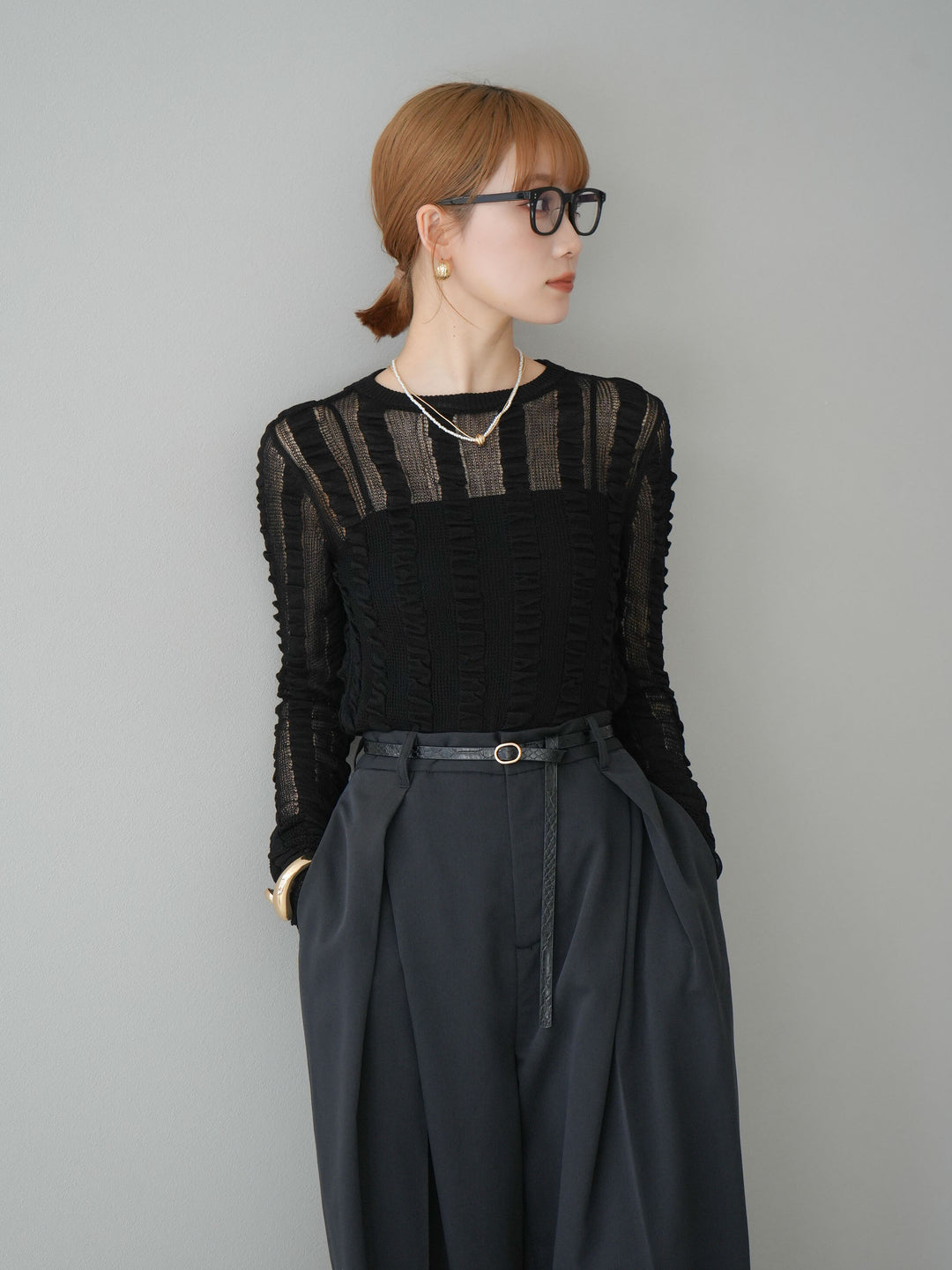 [予約]リネンタッチシャーリングニットトップス/ブラック