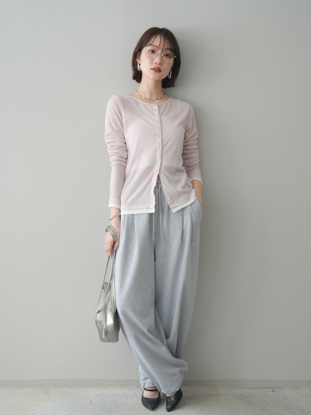 [予約]シアーリブバイカラーカーディガン/pink