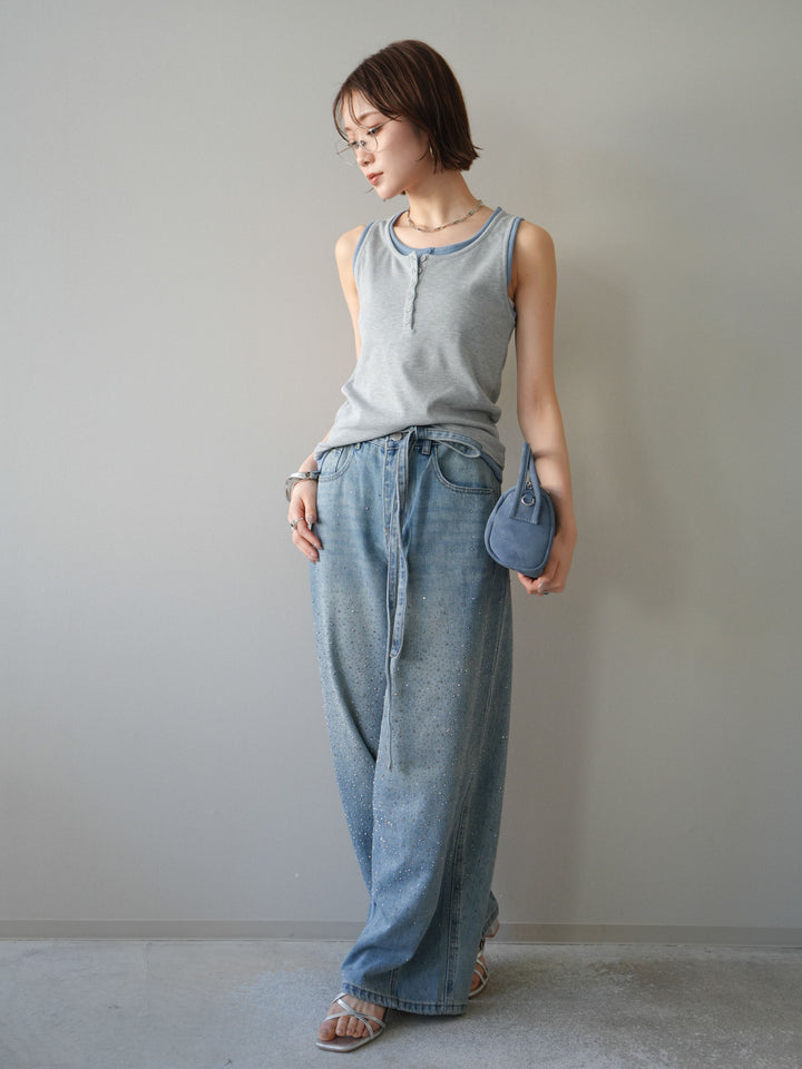 [SET]配色リブヘンリータンクトップ+ウエストベルトビジューワイドデニムパンツ(2set)