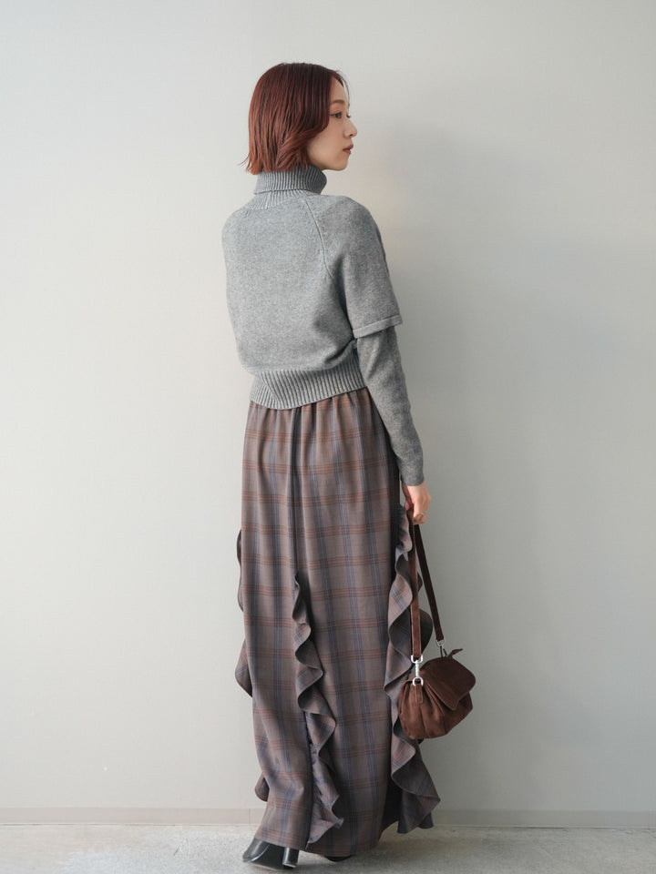 [予約]チェック柄フリルハイウエストマキシスカート/gray