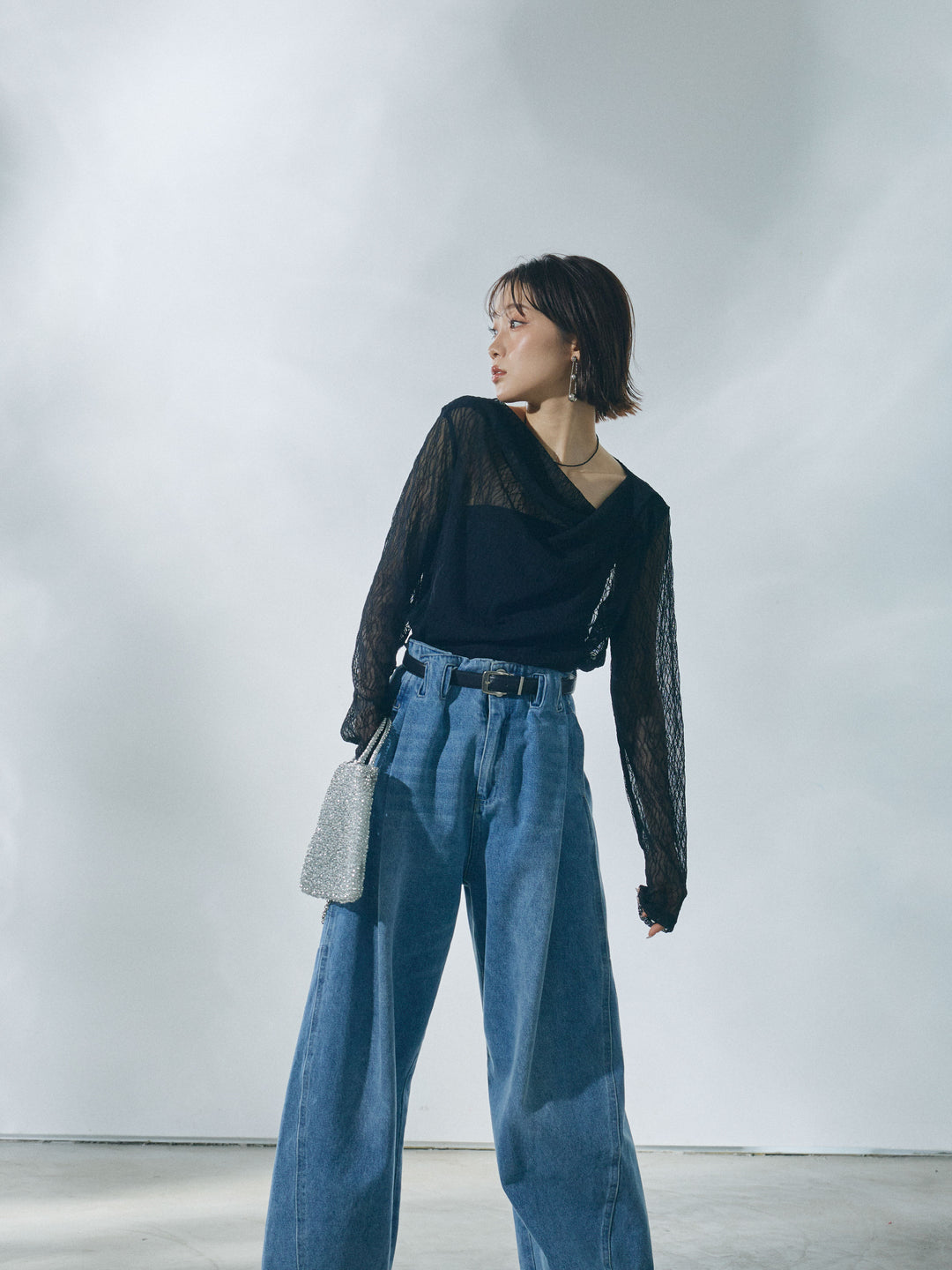 【Allure】[SET]ストレッチレースドレープトップス+ハイウエストベルトループデザインデニムパンツ(2set)