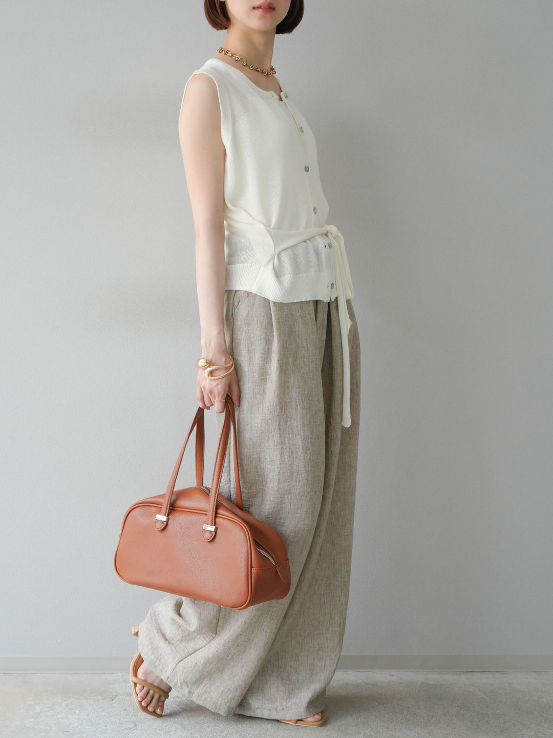 [予約]リネンライクベルト付タックループワイドパンツ/ベージュ