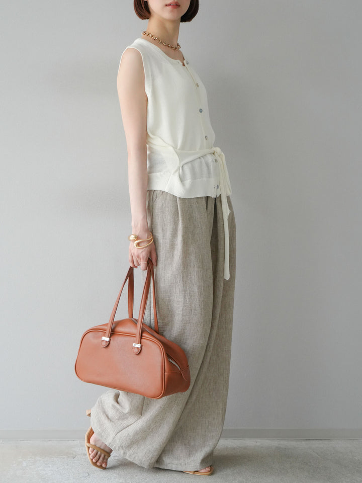[予約]リネンライクベルト付タックループワイドパンツ/ベージュ
