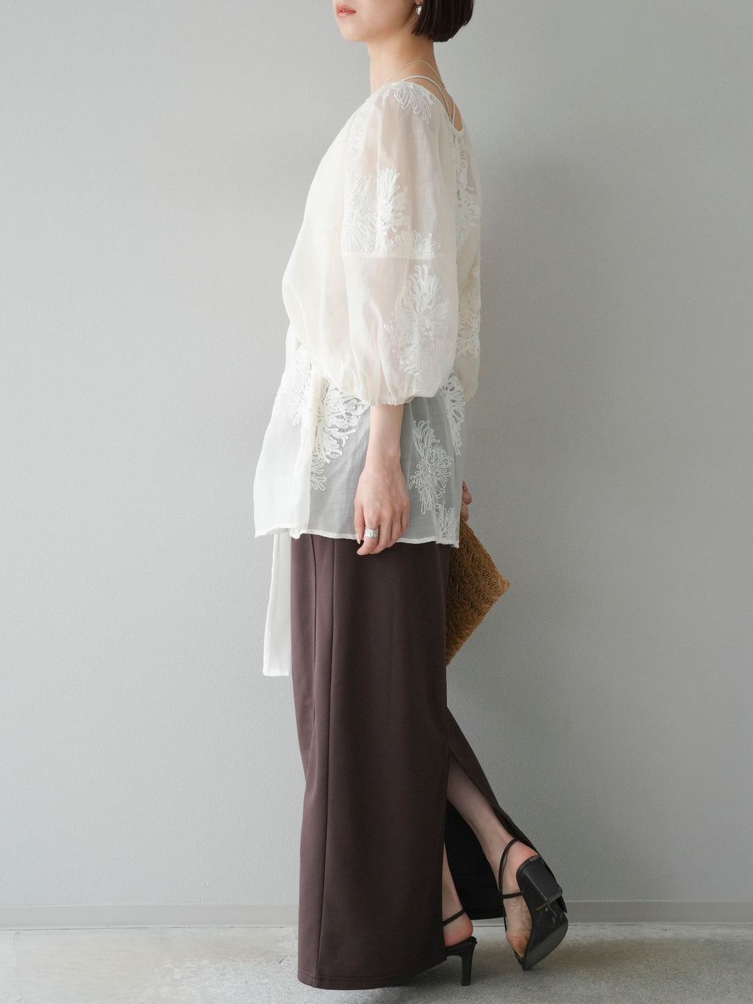 [SET]刺繍シアーバルーンスリーブブラウス+スウェットロングスカート(2set)