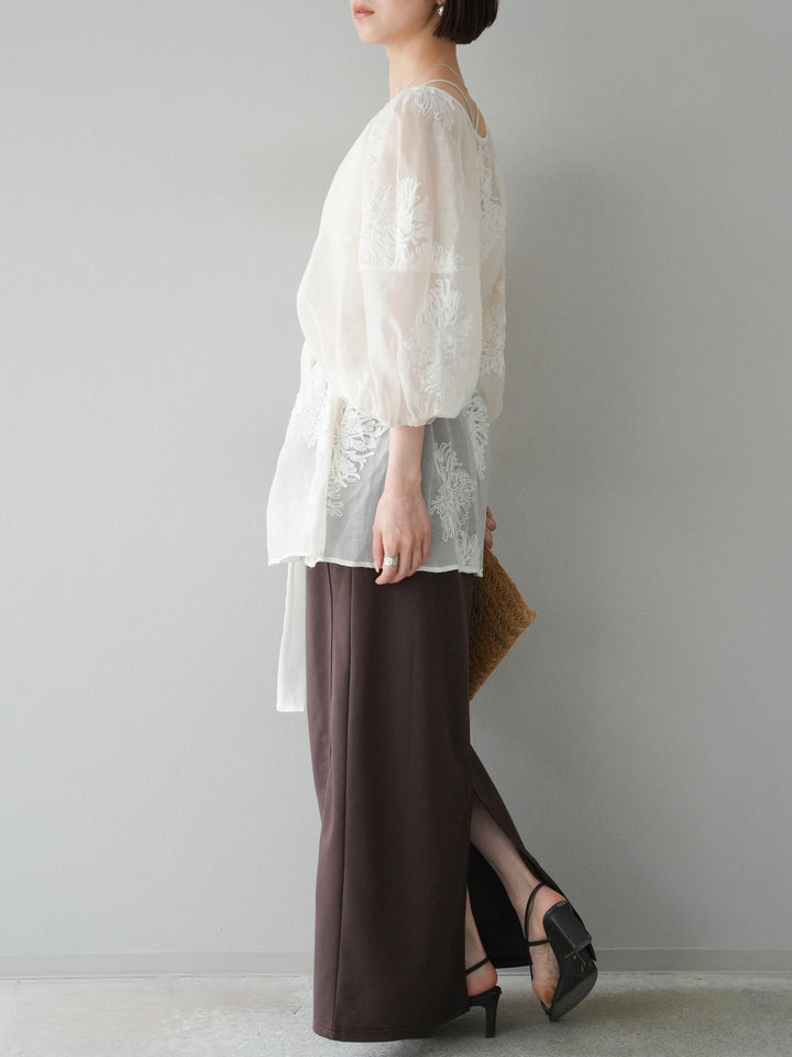 [SET]刺繍シアーバルーンスリーブブラウス+スウェットロングスカート(2set)