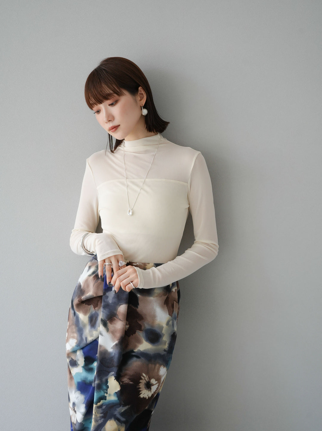 [SET]シアー切替ストレッチ長袖トップス+シアー切替ストレッチトップス(2set)