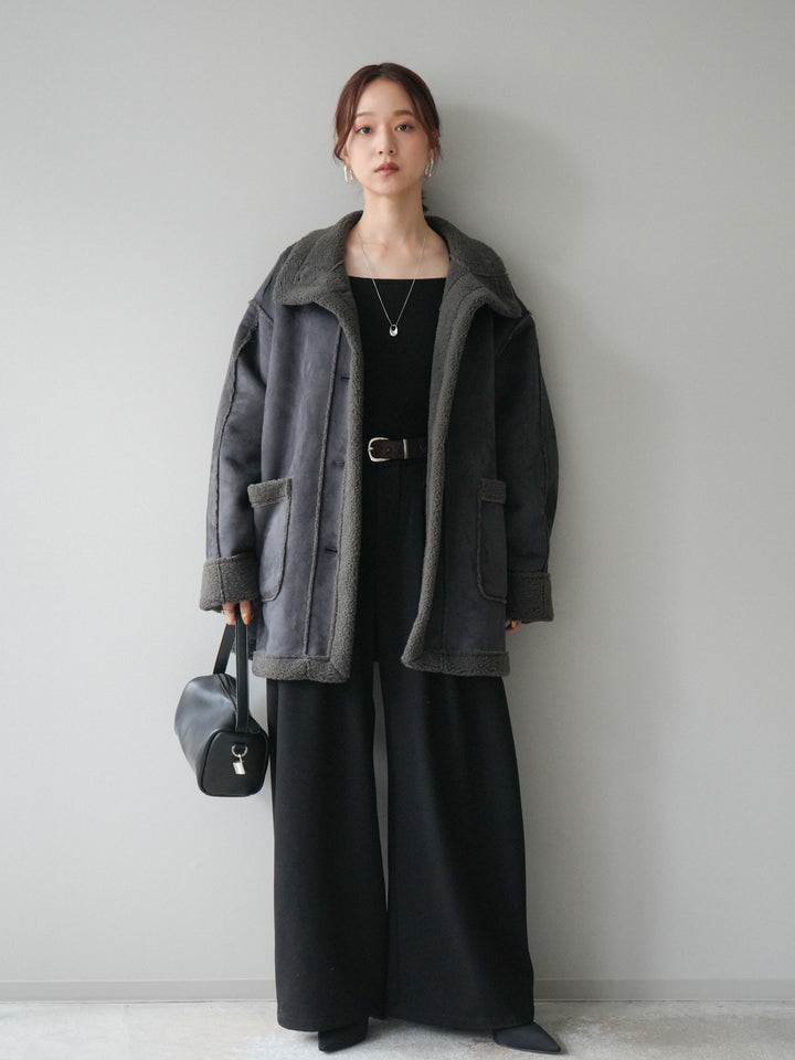 [SET]スタンドネックフェイクムートンミディアムコート+アニマル柄ベルト付きウールタッチワイドパンツ(2set)