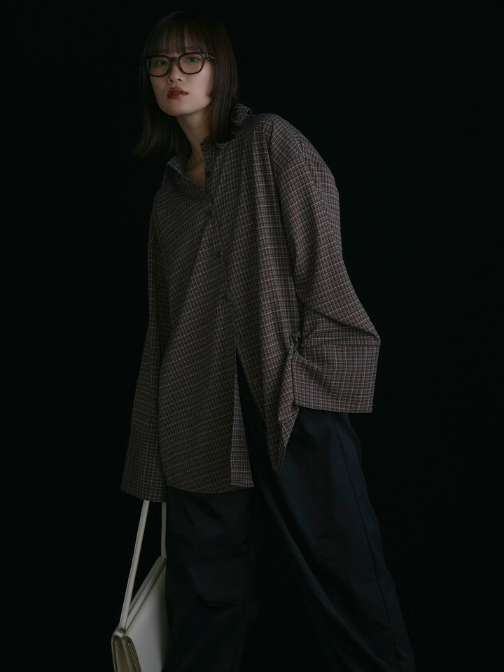 【Allure】[SET]チェックBIGカフスオーバーシャツ+タフタワイドカーブパンツ(2set)