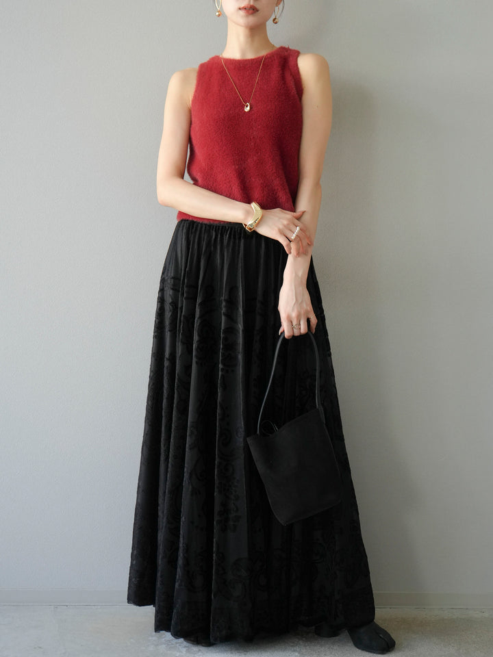[予約]アンティーク柄フロッキーマキシスカート/ブラック