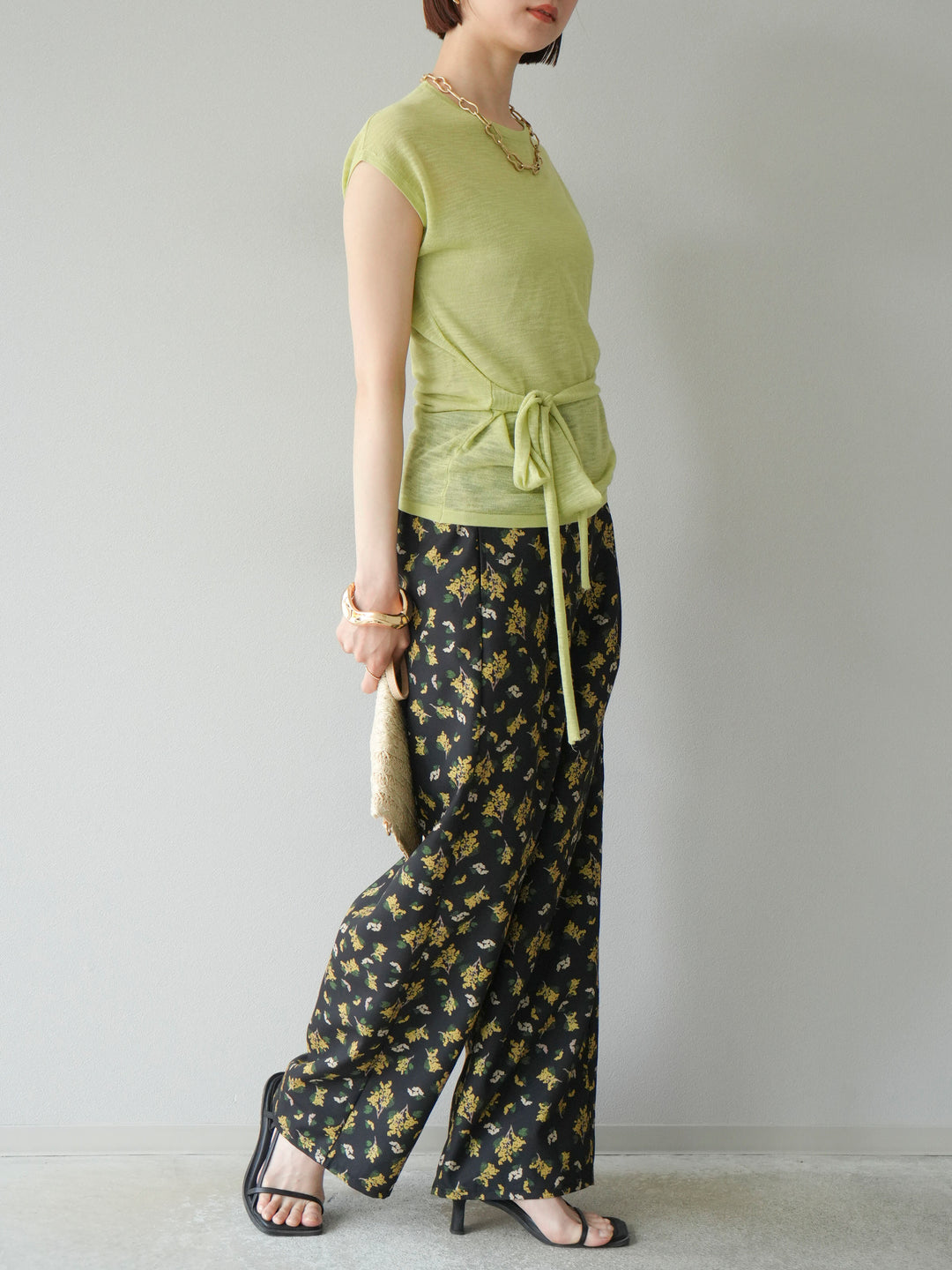 [予約]ブーケプリントタックパンツ/ブラック