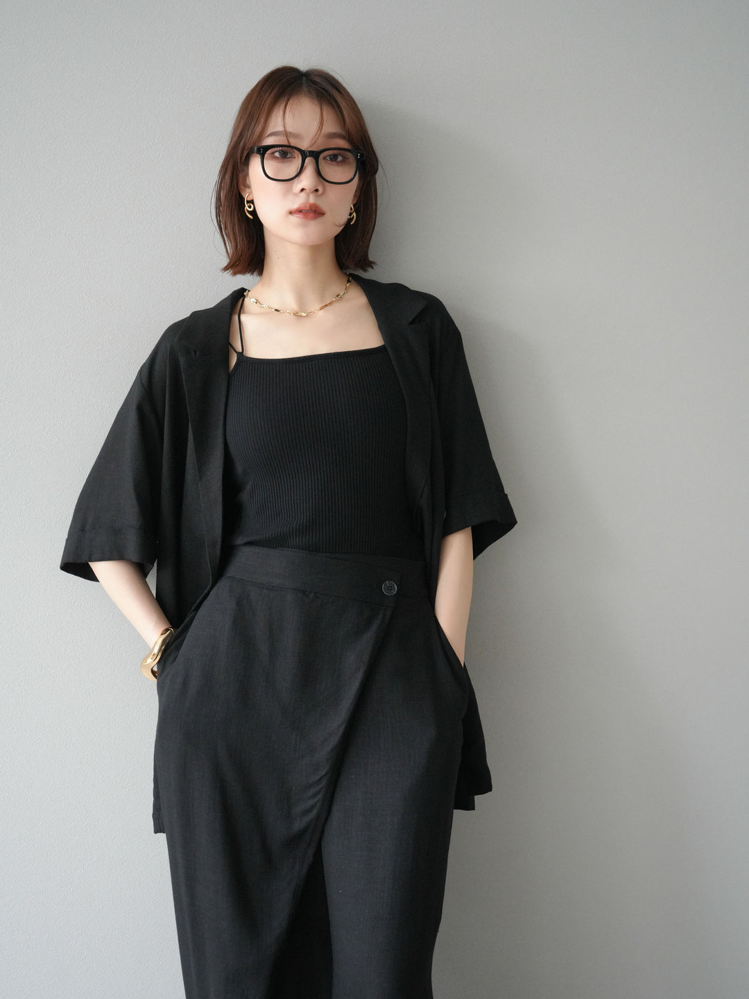 【預購】輕亞麻半袖外套/黑色
