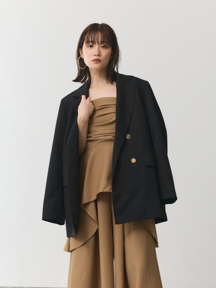 【Allure】[SET]ぺプラムベアトップス＆ワイドパンツSET UP+ダブルブレストオーバージャケット(2set)