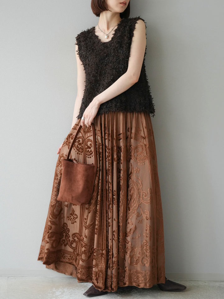 [SET]テープヤーンフリンジニットベスト+アンティーク柄フロッキーマキシスカート(2set)