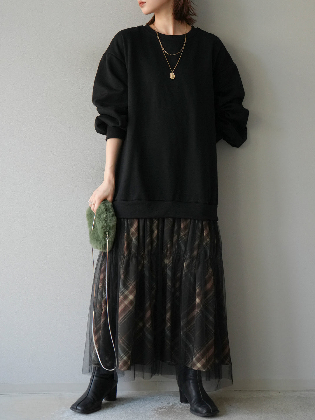 [予約]スウェットドッキングチェック柄レイヤードワンピース/ブラック