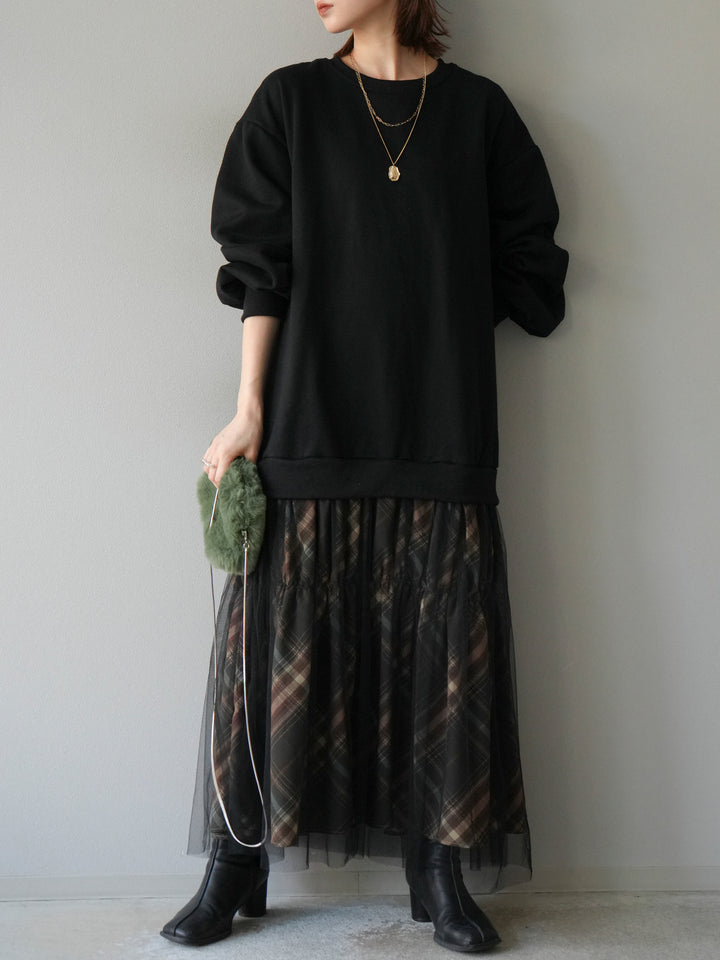 [予約]スウェットドッキングチェック柄レイヤードワンピース/ブラック