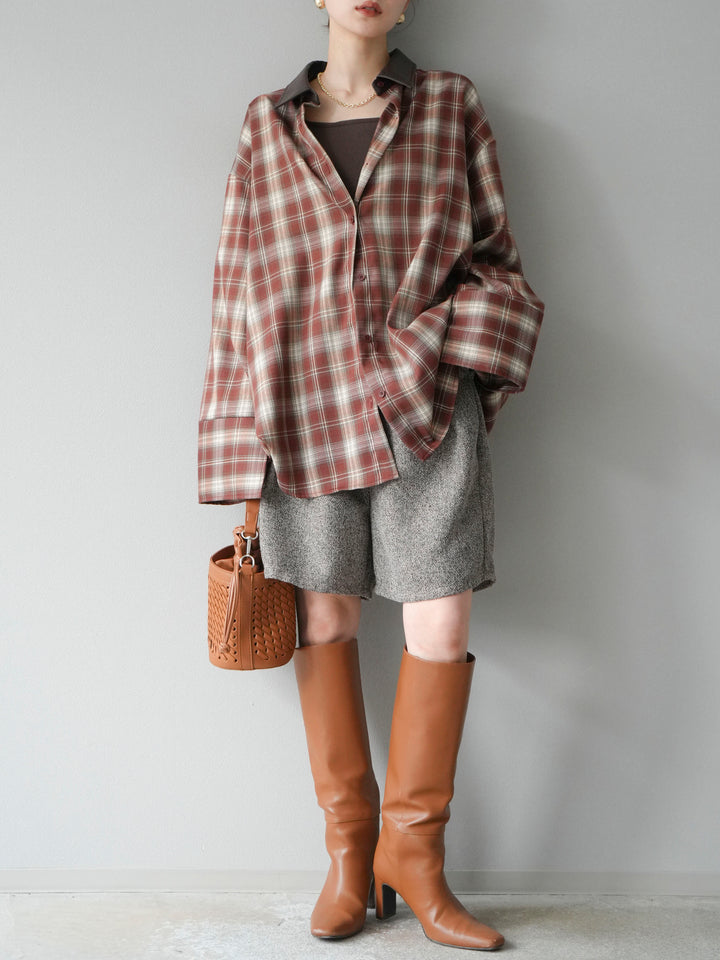 【着回しセット】[SET]レザー襟オンブレチェックオーバーシャツ +クラッシュベロアナロースカート+ツイードハーフパンツ(3set)