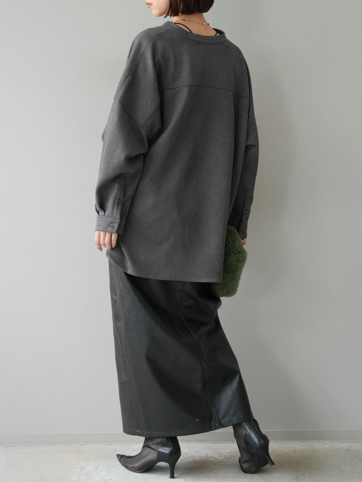 [予約]フェイクレザーフロントスリットスカート/ブラック