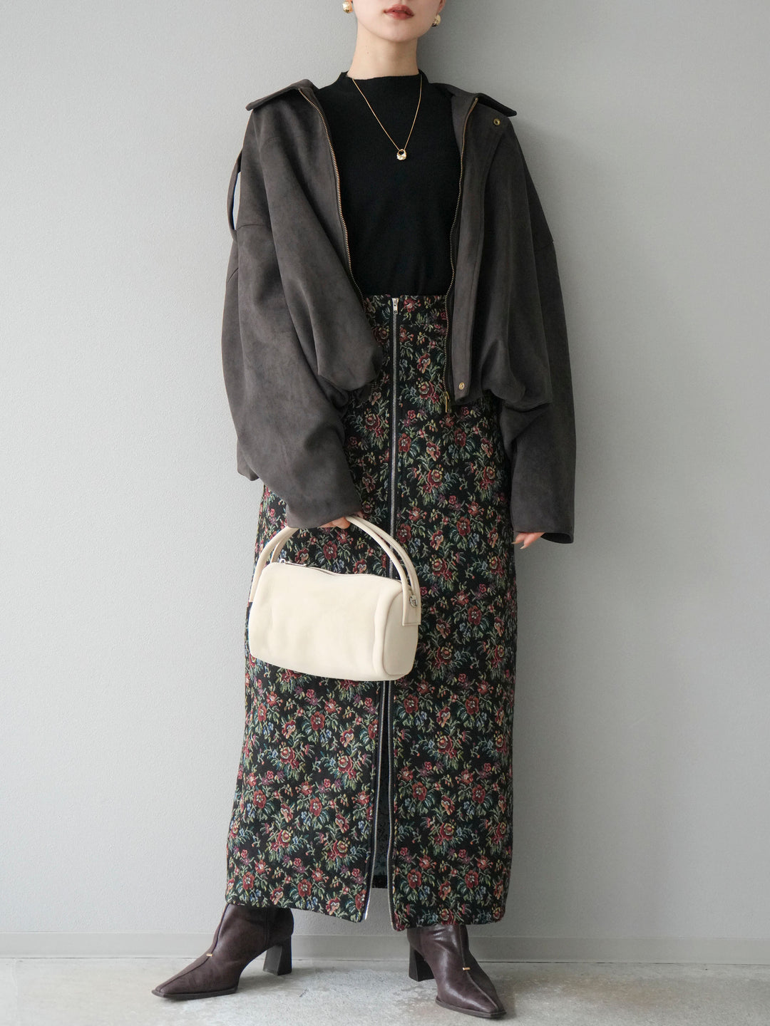 [套裝] 麂皮外套 + 小領法式針織上衣 + 哥布蘭前拉鍊緊身裙（3 套）