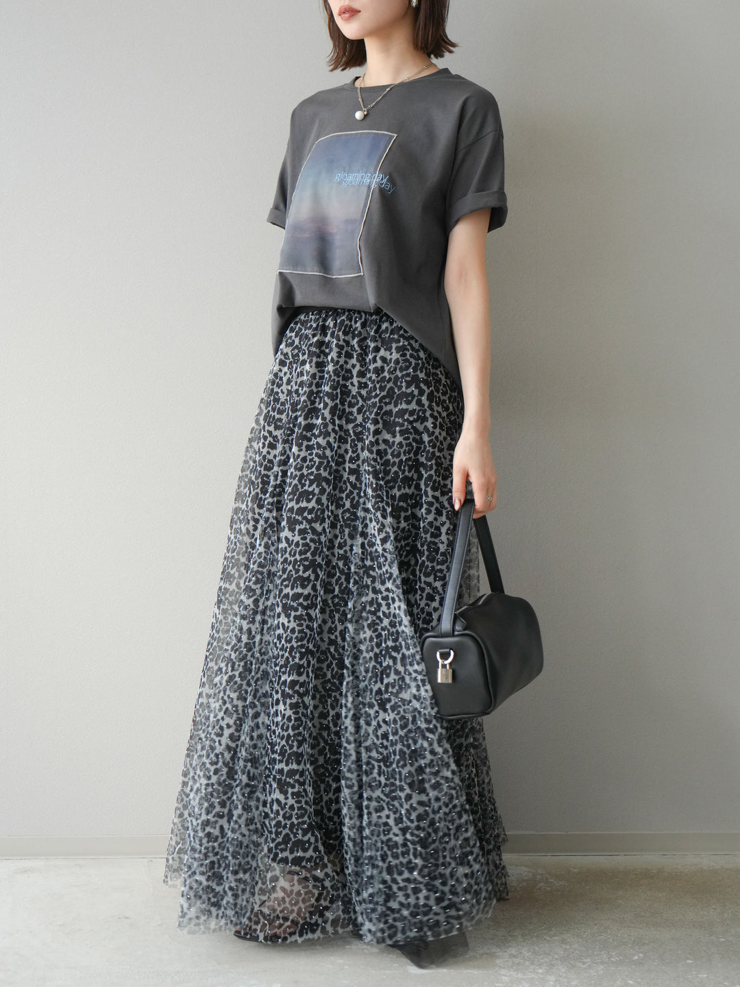 [予約]レオパードチュールレイヤードプリーツスカート/ブラック