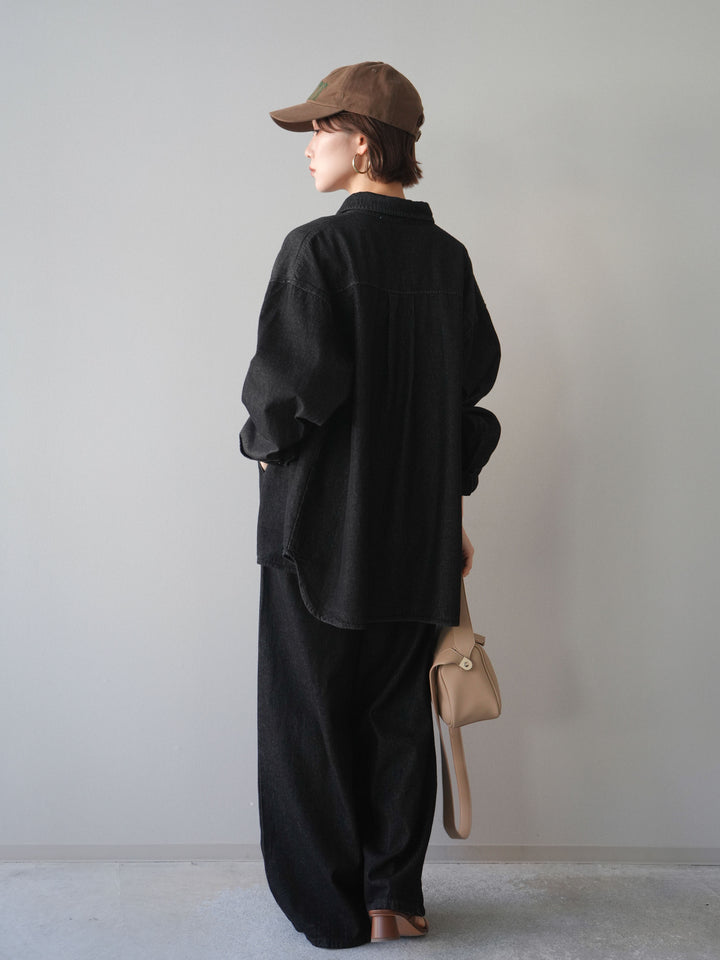 [SET]ポイントレザーオーバーデニムシャツ+ドロストワイドデニムパンツ(2set)